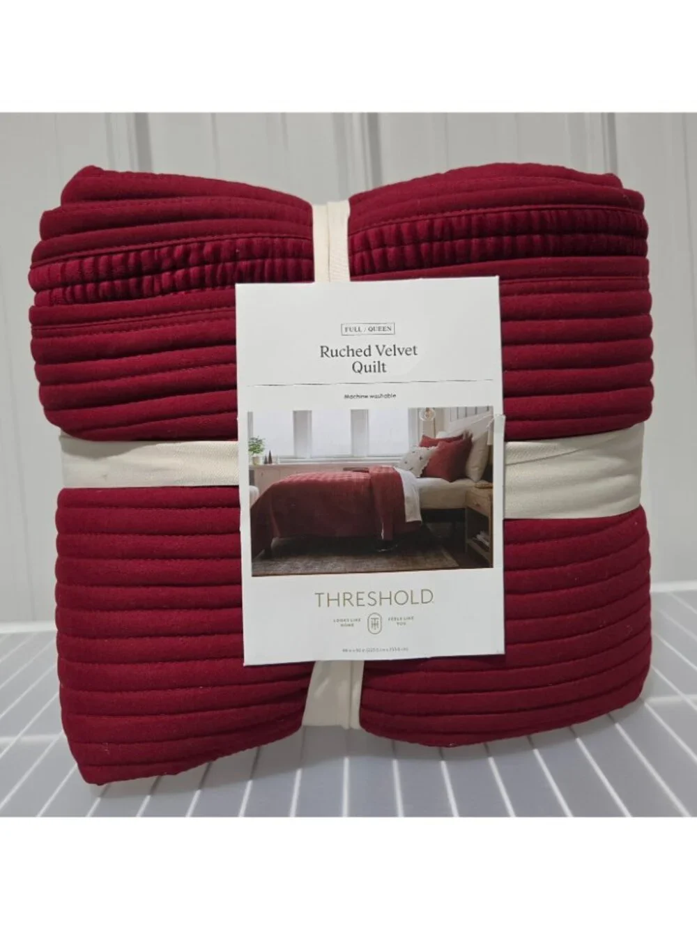 Queen Size Ruched Velvet Quilt Threshold Deep Red Color 88